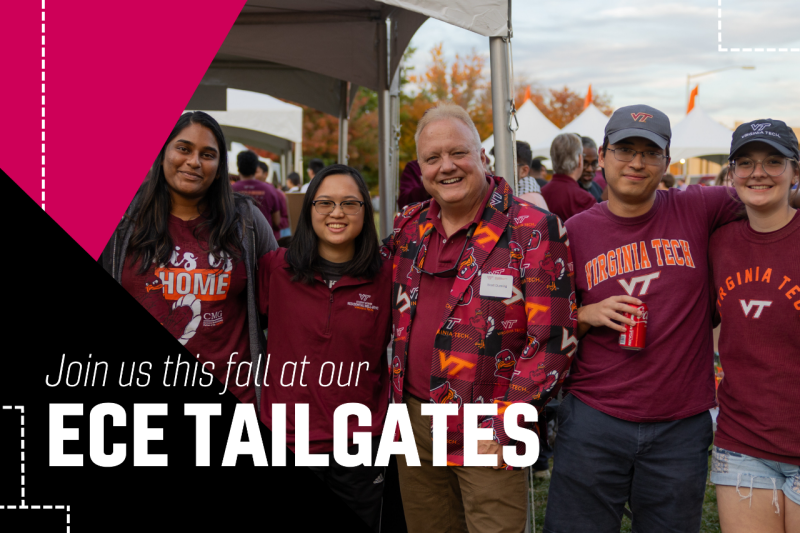 Join us this fall at our ECE tailgates. Five total people wearing Virginia Tech apparel with two students on each side of Scott Dunning.