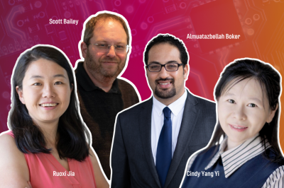 A graphic of four ECE faculty members, from left: Ruoxi Jia, Scott Bailey, Almuatazbellah Boker and Cindy Yang Yi. Graphic by Niki Hazuda for Virginia Tech.