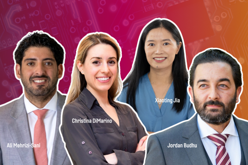 A collection of photos featuring Ali Mehrizi-Sani, Christina DiMarino, Xiaoting Jia and Jordan Budhu.