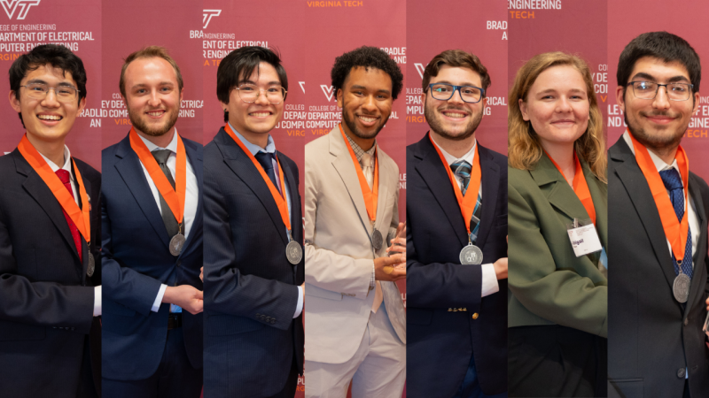 From left: Virginia Tech ECE seniors Thomas Lu, Nolan Attreed, Maxwell Kawada, Gobran Hanna, Richard Martinez, Abigail Dillard, and Peter Costescu