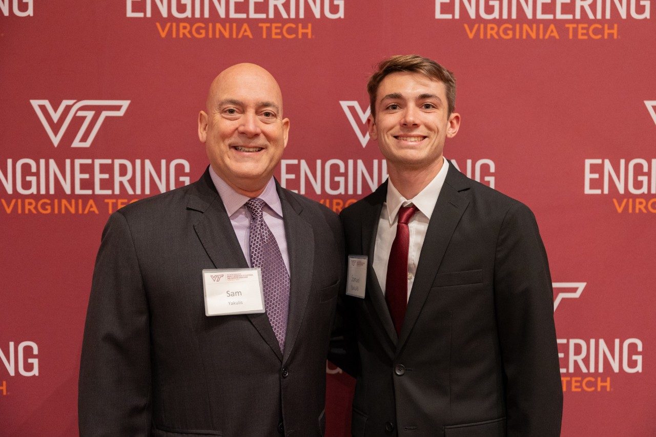 From left: Sam Yakulis '91 stands with his son, Samuel Yakulis, Jr., an aerospace engineering student at Virginia Tech. Photo by Ben Murphy for Virginia Tech.