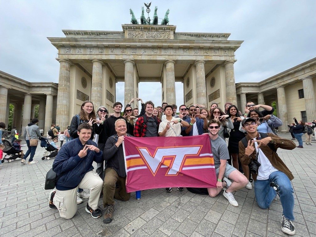 Green engineering students on study abroad trip to Germany pose in front of the Brandenburg Gate. Photo courtesy of Scott Dunning.