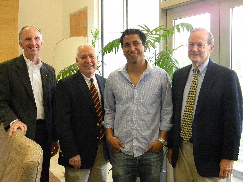 Left to right: Joe Meredith, president of the Virginia Tech Corporate Research Center; Jim Flowers, executive director of VT KnowledgeWorks; Paulo Garcia of VoltMed; and Dick Daugherty, director of strategic services for VT KnowledgeWorks. Not pictured: Chris Arena and Mike Sano of VoltMed.