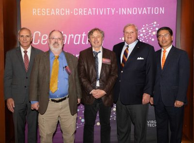 From left: Cyril Clarke, Joseph Eska, Robert Gourdie, Jake Lutz, and Dan Sui. Eska and Gourdie were named recipients of the 2025 Jacob A. Lutz III Award for Eminent Scholars. Not pictured, Walid Saad. Photo by Charles Chalmers for Virginia Tech