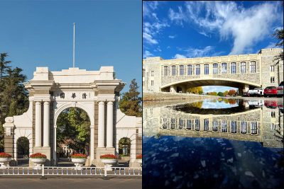 Left, the campus of Tsinghua University. Right, the Virginia Tech campus. The two universities are creating a joint research center.