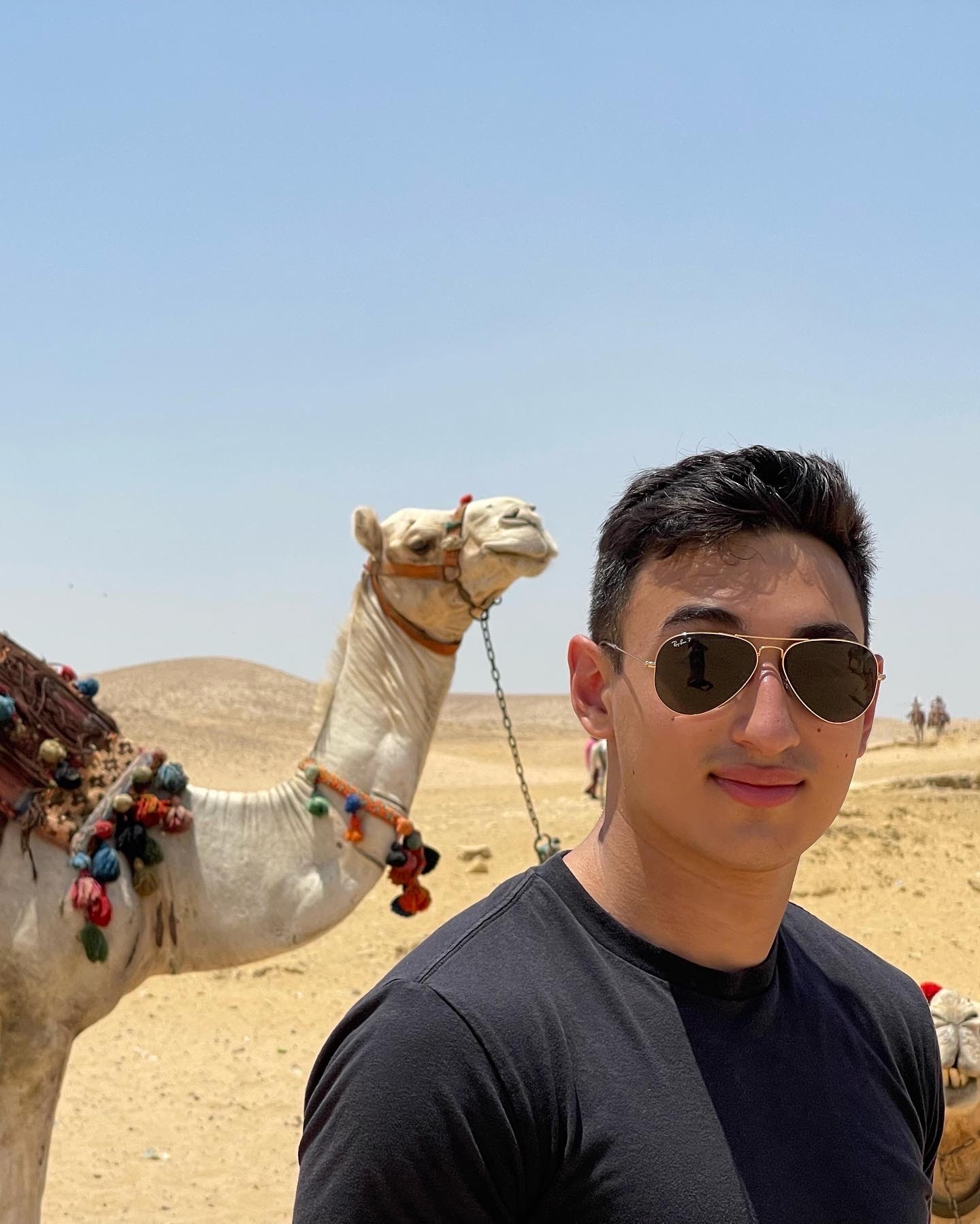 A man in sunglasses stands with a camel